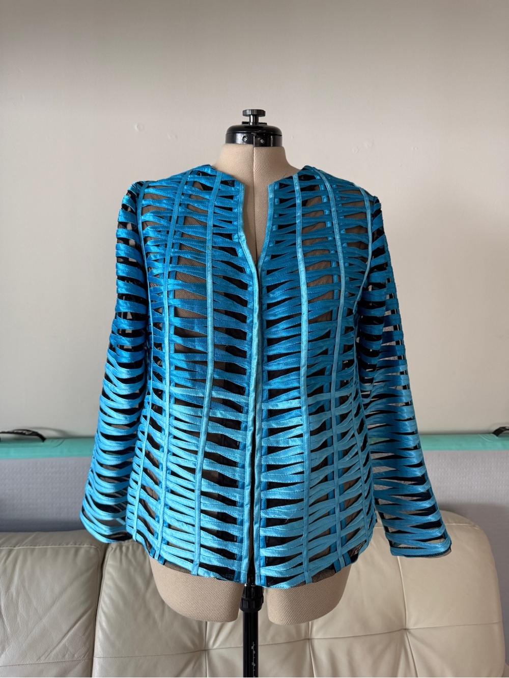 Weavz Turquoise Blue Cage Ribbon Jacket Black Mesh Art to Wear Open Knit Size L